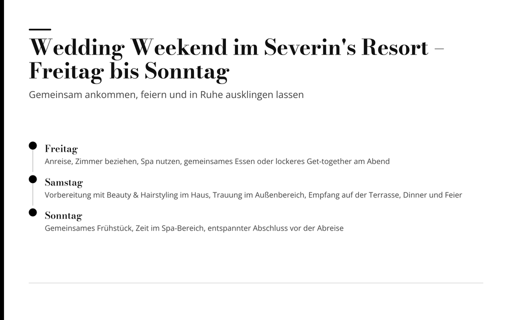 Text auf Deutsch mit den Veranstaltungen zur Hochzeit im Severin’s Resort von Freitag bis Sonntag.
